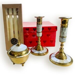 Brass & Mother of Pearl Candlestick & Trinket Set